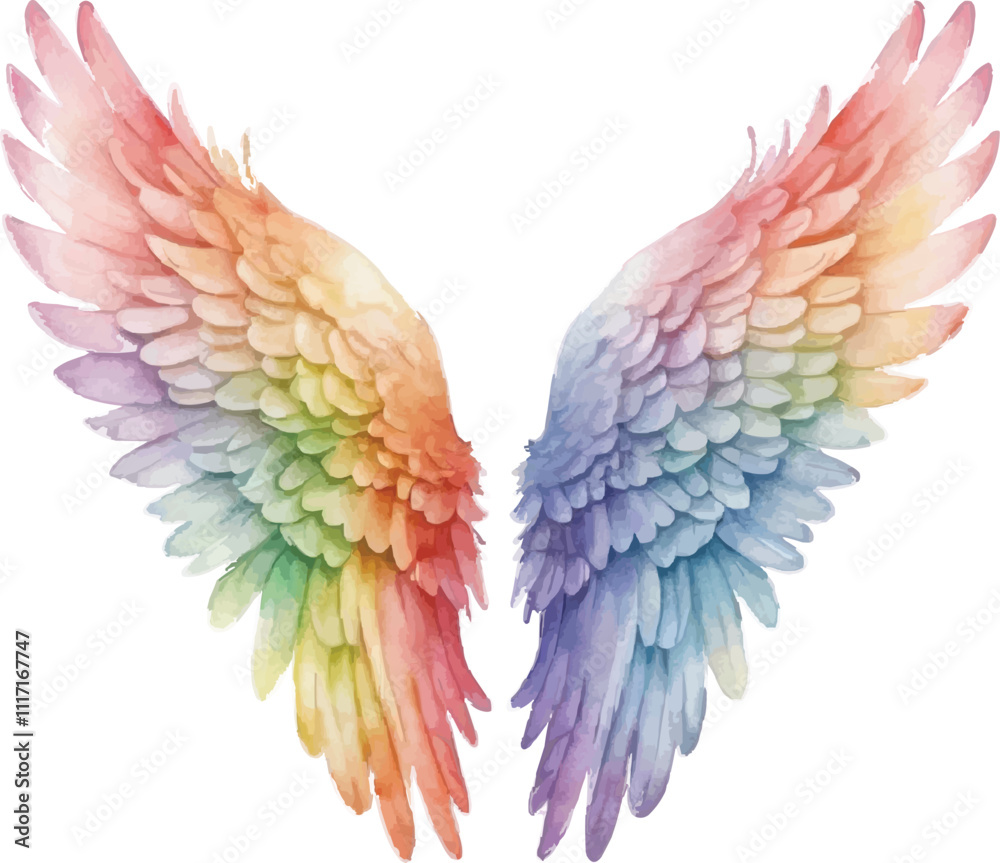 Fototapeta premium Rainbow angel wings watercolor illustration isolated