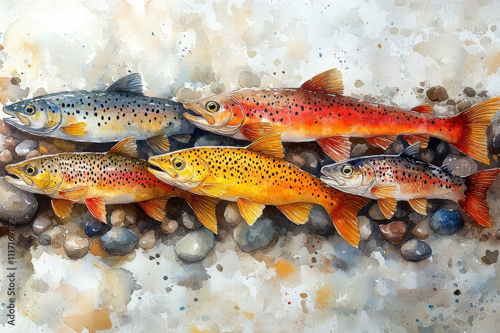 A watercolor illustration of various trout species resting on a bed of pebbles. A watercolor illustration of various trout species resting on a bed of pebbles.