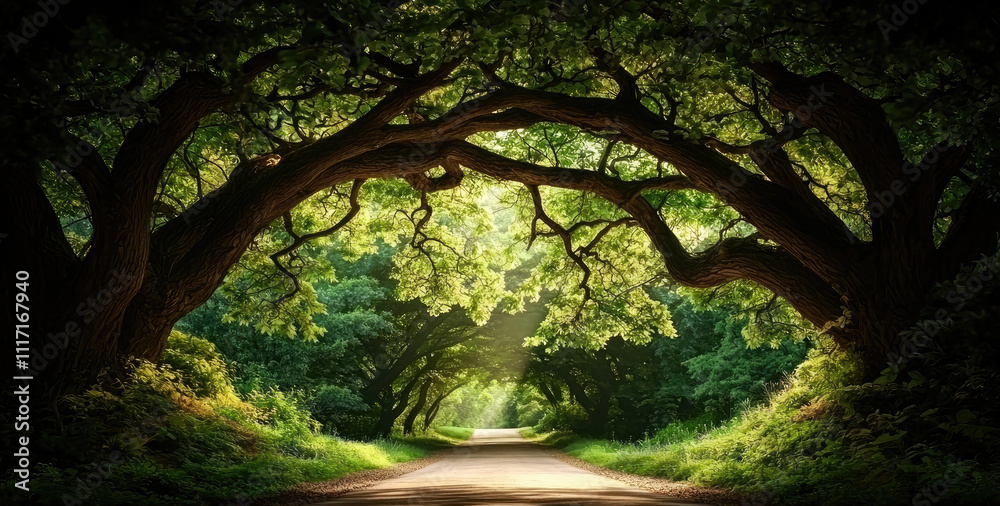 A serene pathway framed by lush greenery and majestic trees, inviting tranquility. A serene pathway framed by lush greenery and majestic trees, inviting tranquility.