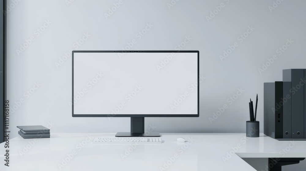 Minimalist office workspace with blank monitor. Minimalist office workspace with blank monitor.