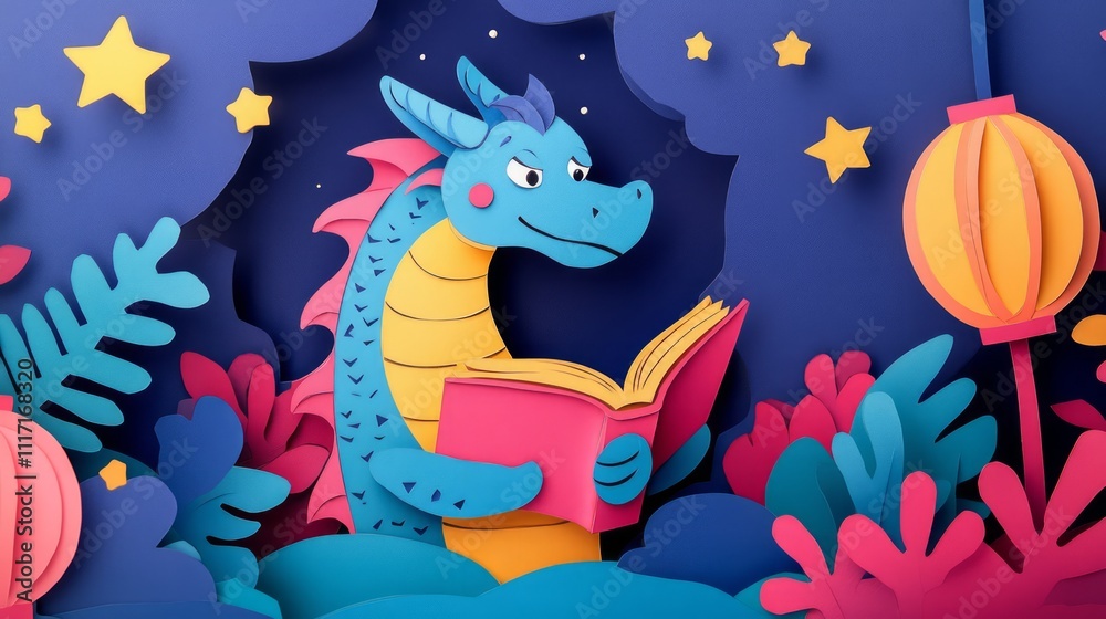 Obraz premium Playful Blue Dragon Reading a Book in a Colorful Fantasy Forest with Stars and Lanterns, Perfect for Children's Illustrations and Storybooks