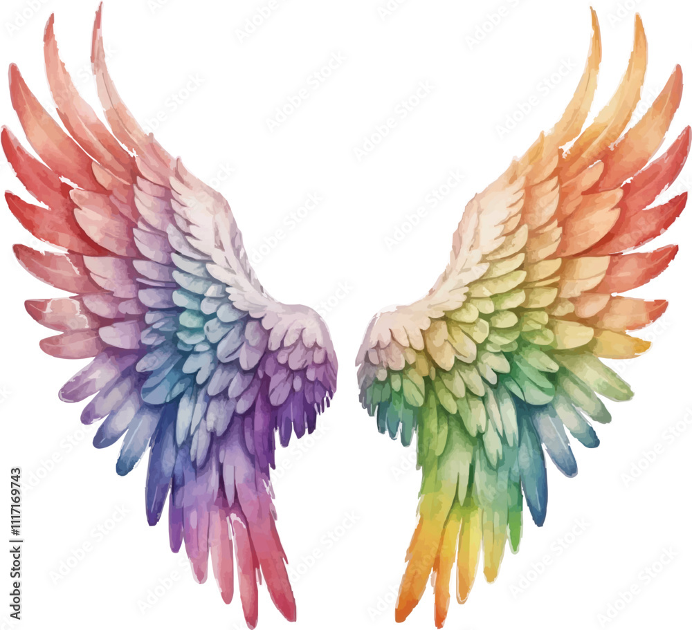 Fototapeta premium Vibrant Rainbow Angel Wings on White Background – Symbol of Hope and Freedom