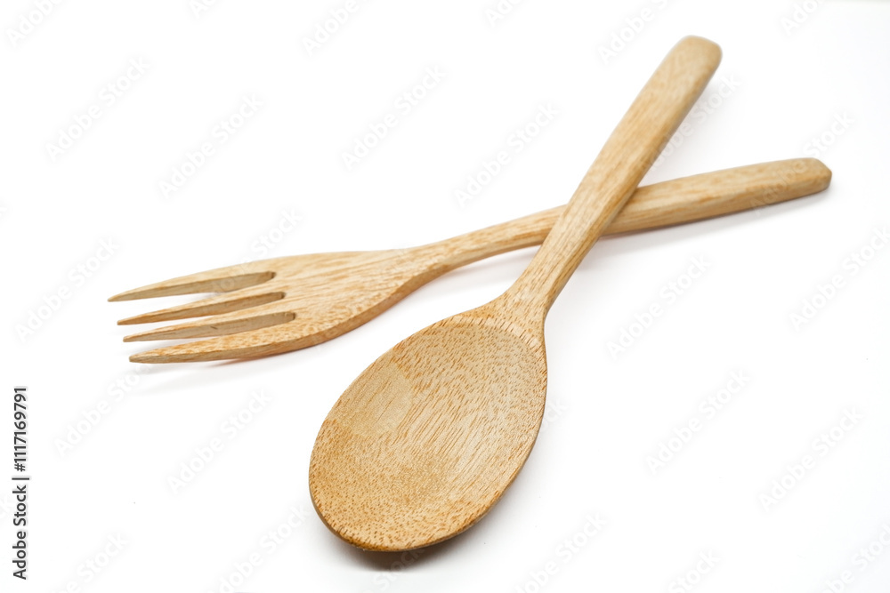 Wooden spoon and wooden fork isolated on white background Wooden spoon and wooden fork isolated on white background