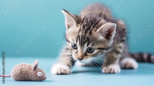 Kitten pouncing on a squeaky mouse toy on blue background photo