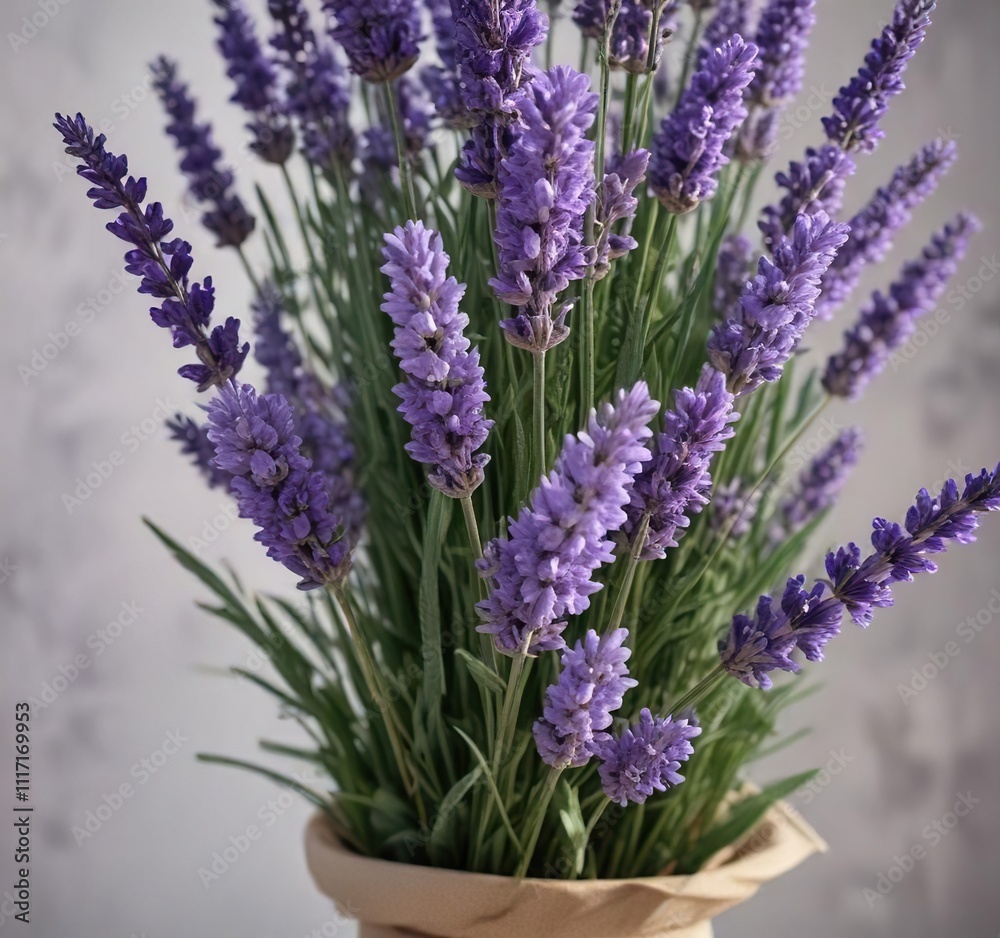 Obraz premium Fresh lavender flowers arranged in a elegant bouquet , fresh flowers, packaging material, present