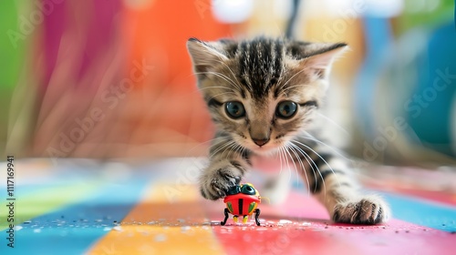 Kitten pouncing on a toy bug on colorful background photo