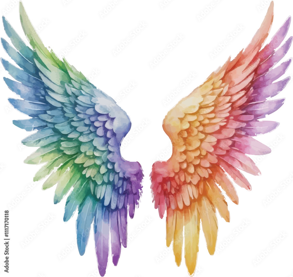 Fototapeta premium Vibrant Rainbow Angel Wings on White Background – Symbol of Hope and Freedom