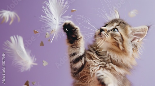 Kitten swatting at falling feathers on pruple background photo