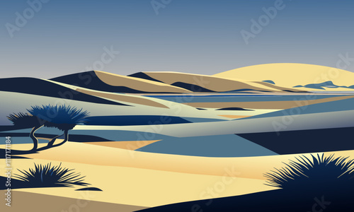 Landscape with small bushes in the desert, vector illustration.