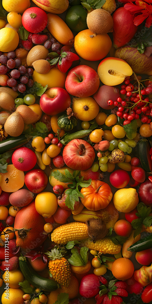 A close up of a variety of fruits and vegetables, including apples, oranges, and tomatoes. Concept of abundance and freshness, showcasing the vibrant colors and textures of the produce A close up of a variety of fruits and vegetables, including apples, oranges, and tomatoes. Concept of abundance and freshness, showcasing the vibrant colors and textures of the produce