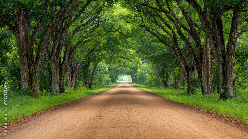 Obraz premium A serene rural road surrounded by lush green trees, inviting exploration and calmness.