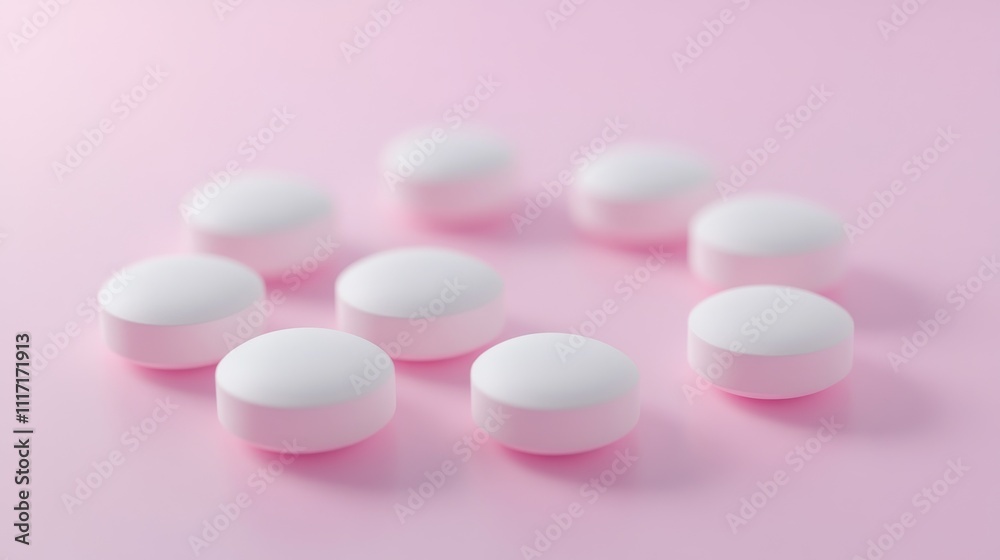 Round white tablets arranged on pink surface Round white tablets arranged on pink surface