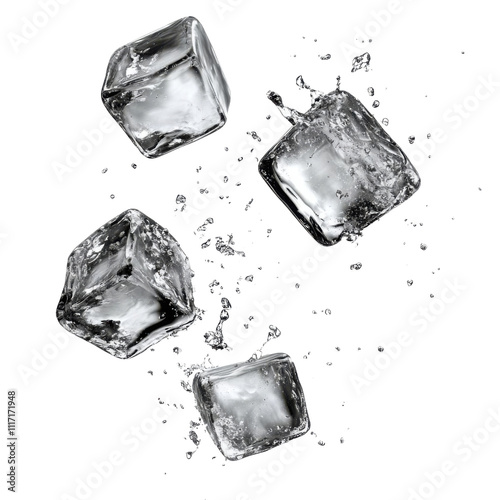 Four ice cubes with water splashes flying on transparent background.