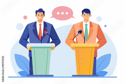 Debate Between Two Speakers at a Public Forum With Podiums in a Modern Setting