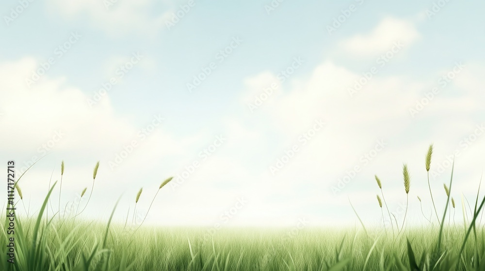 Fototapeta premium Serene landscape with grass and soft clouds.
