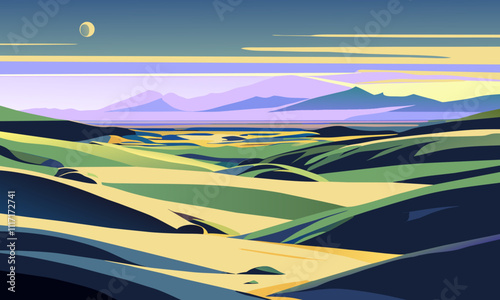 Fantastic desert landscape with distant mountains, vector illustration.