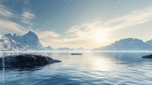 Serene landscape with mountains and calm waters.