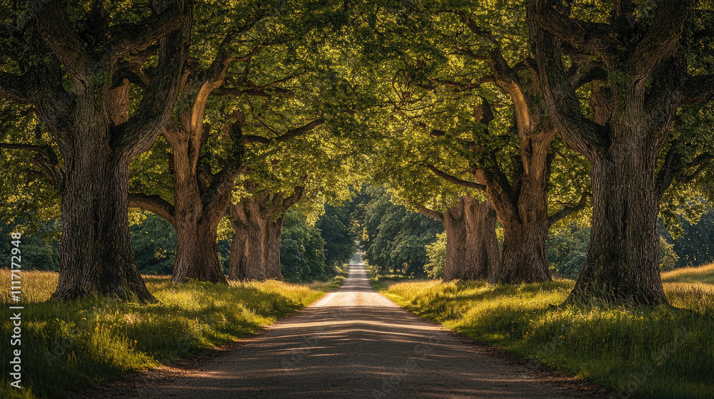 A serene tree-lined road invites tranquility and nature's beauty in sunlight. A serene tree-lined road invites tranquility and nature's beauty in sunlight.