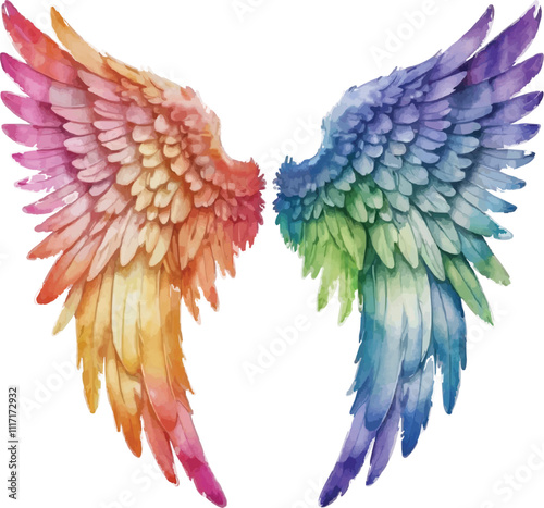 Rainbow angel wings isolated on white background