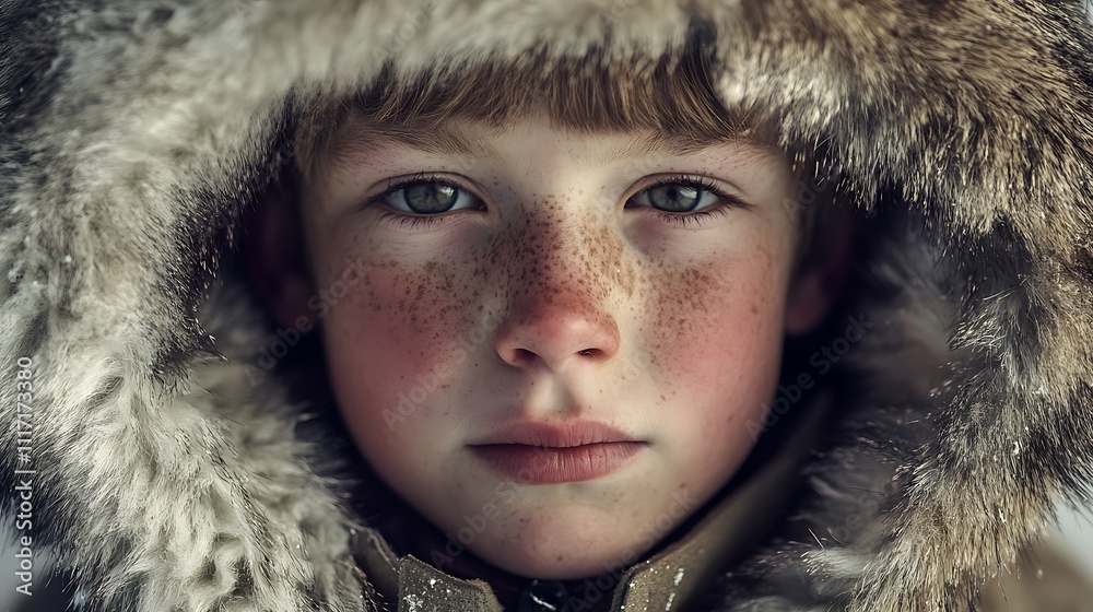 Close-up portrait of a freckled boy with rosy cheeks, wearing a fur-trimmed hood. Close-up portrait of a freckled boy with rosy cheeks, wearing a fur-trimmed hood.