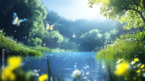 Serene river scene with butterflies and greenery. photo