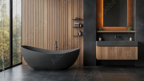 Modern bathroom with a black tile floor, wooden walls, and a dark gray bathtub.