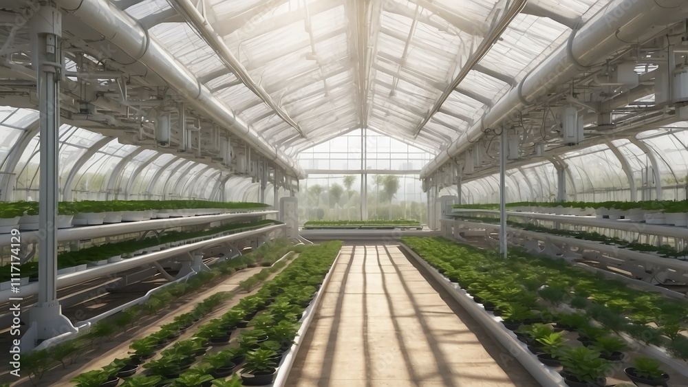 A futuristic greenhouse with automated irrigation systems A futuristic greenhouse with automated irrigation systems