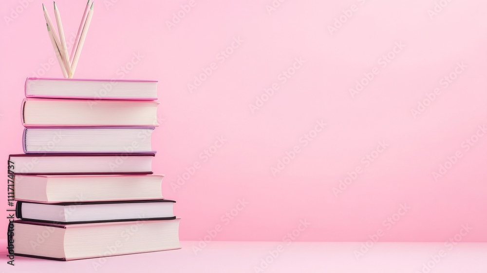 Fototapeta premium Stack of books against a pink backdrop.