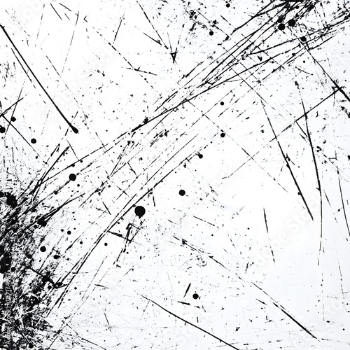 The image is a black and white drawing of a messy, chaotic scene with lots of black and white paint splatters. Scene is one of disorder and disarray