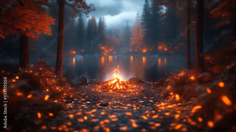 Campfire beside a mystical autumn lake in a dark forest Campfire beside a mystical autumn lake in a dark forest