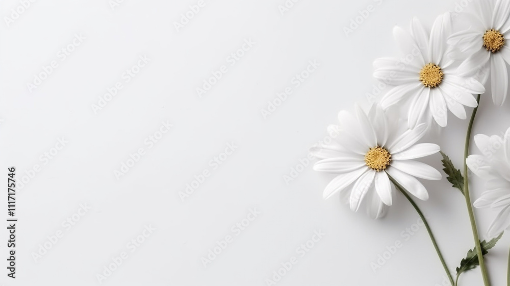 Obraz premium Greeting card template with white flowers on the white background. Top view, side lighting, copy space, minimalism. flowers on white background surrounded by spring blooms