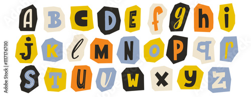 Cut out paper alphabet collection. Colorful different letter collage set. Cute craft doodle font element bundle for decoration, poster, banner, print. Ransom blackmail style abc pack. Vector
