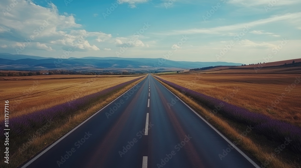 Serene Road Through Fields of Lavender and Rolling Mountains Serene Road Through Fields of Lavender and Rolling Mountains