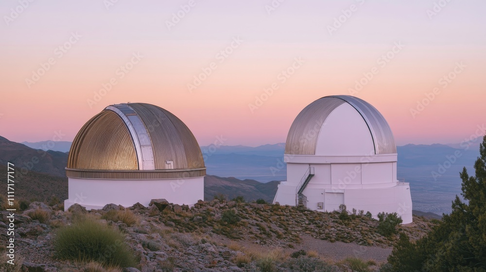 Two observatories under a beautiful sunset sky. Two observatories under a beautiful sunset sky.