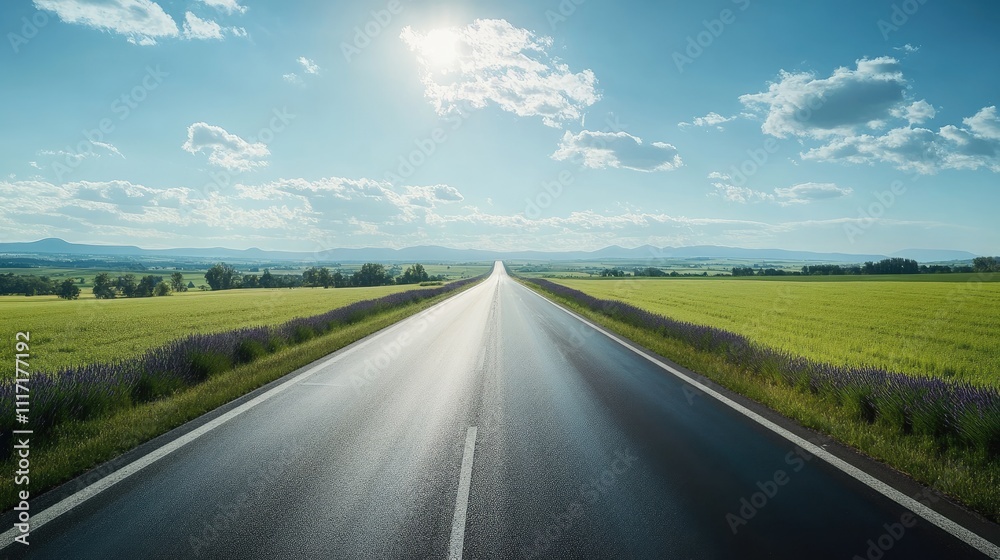 Straight Open Road Surrounded by Lush Green Fields and Blue Sky