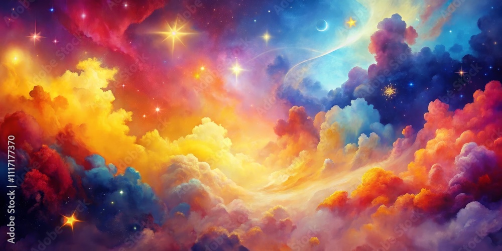 Fototapeta premium Celestial Cloudscape with Stars and a Crescent Moon, fantasy, digital art,