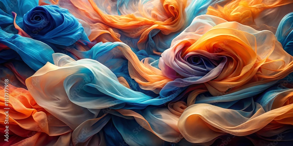 Obraz premium Abstract Swirling Fabric Rose, Blue and Orange Silk Texture, Silk, Fabric