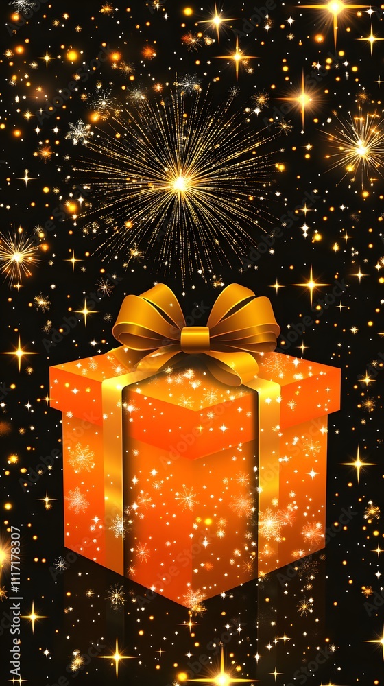 Festive orange gift box with golden sparkles and fireworks against a dark starry background. Festive orange gift box with golden sparkles and fireworks against a dark starry background.
