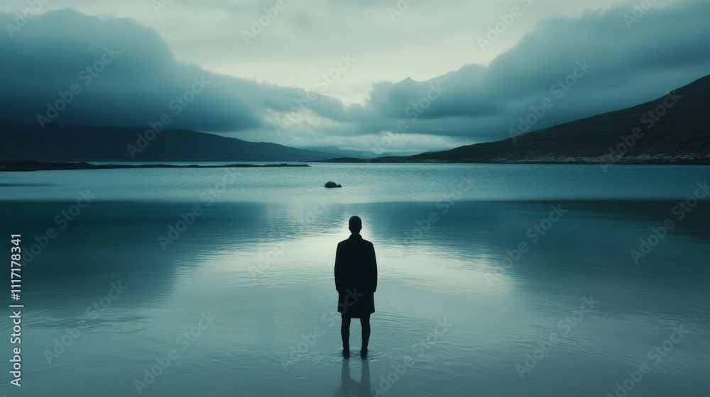 A figure standing alone by a serene lake. A figure standing alone by a serene lake.