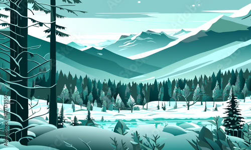 Winter landscape with forest and mountains, vector illustration.