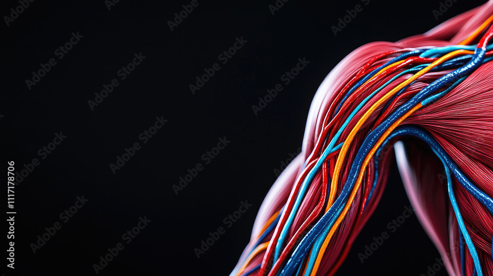 A close-up image of colorful wires mimicking muscle structure and connections. A close-up image of colorful wires mimicking muscle structure and connections.