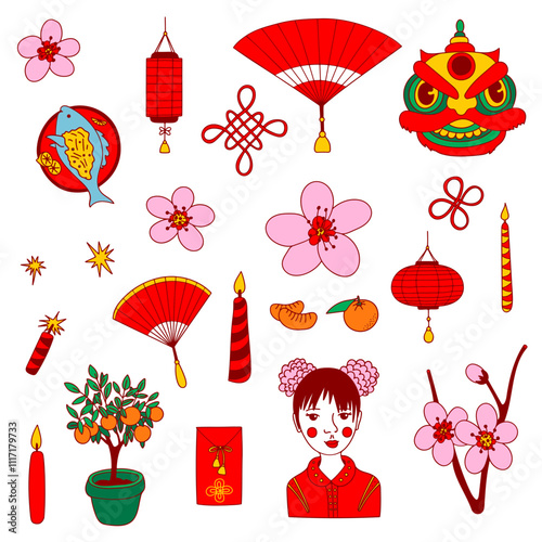 Traditional Chinese New Year Symbol Set. Clipart, flat colorful icons. Lion dance mask, paper lantern, fan, fish, oranges, envelopes, plum blossom, a girl with traditional clothes. Web, print, sticker