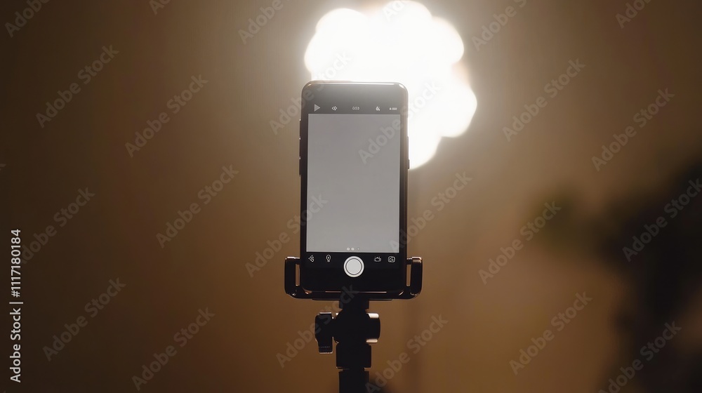 Smartphone on Tripod with Bright Light Background for Photography Smartphone on Tripod with Bright Light Background for Photography