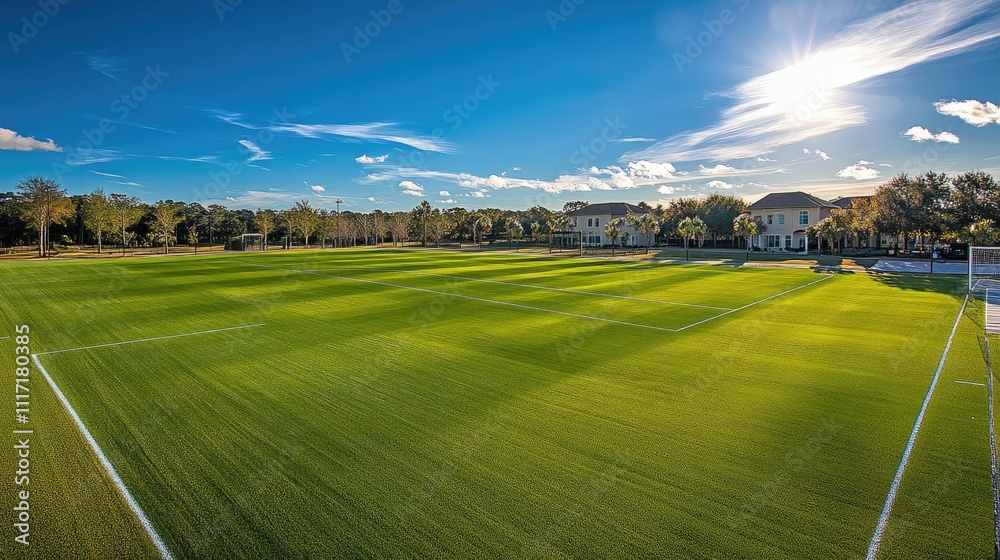 Lush Green Soccer Field Under Bright Blue Sky with Soft Clouds Lush Green Soccer Field Under Bright Blue Sky with Soft Clouds