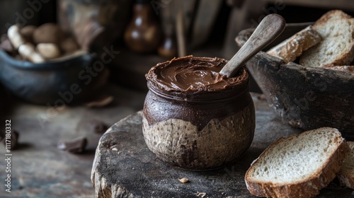 Rustic Chocolate Spread in Jar with Bread Slices and Wooden Spoon