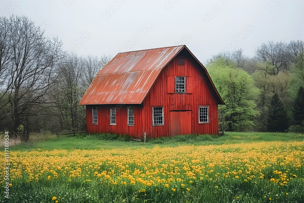 Red barn in a field of yellow flowers. Red barn in a field of yellow flowers.