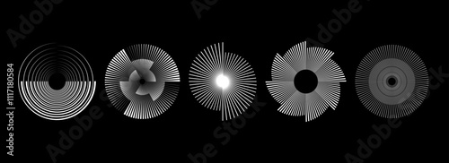 White radial spiral pattern set. Circular spinning speed line form collection. Rotating circle sound wave concept. Abstract sunburst ray or beam element for icon, badge, logo, tag, label. Vector