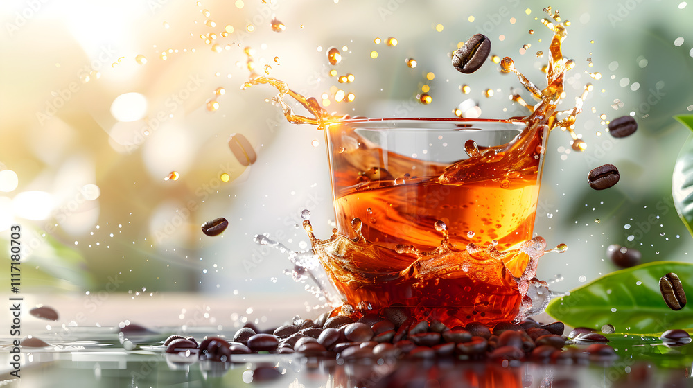 A glass of coffee with coffee beans floating in it. The coffee is spilling out of the glass, creating a splash. Concept of excitement and energy, as if the coffee is bursting out of the glass A glass of coffee with coffee beans floating in it. The coffee is spilling out of the glass, creating a splash. Concept of excitement and energy, as if the coffee is bursting out of the glass