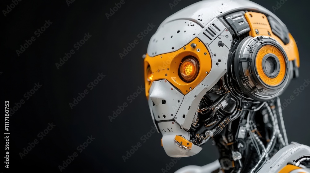 Fototapeta premium Futuristic robot head with vibrant orange accents and intricate mechanical details, showcasing advanced technology