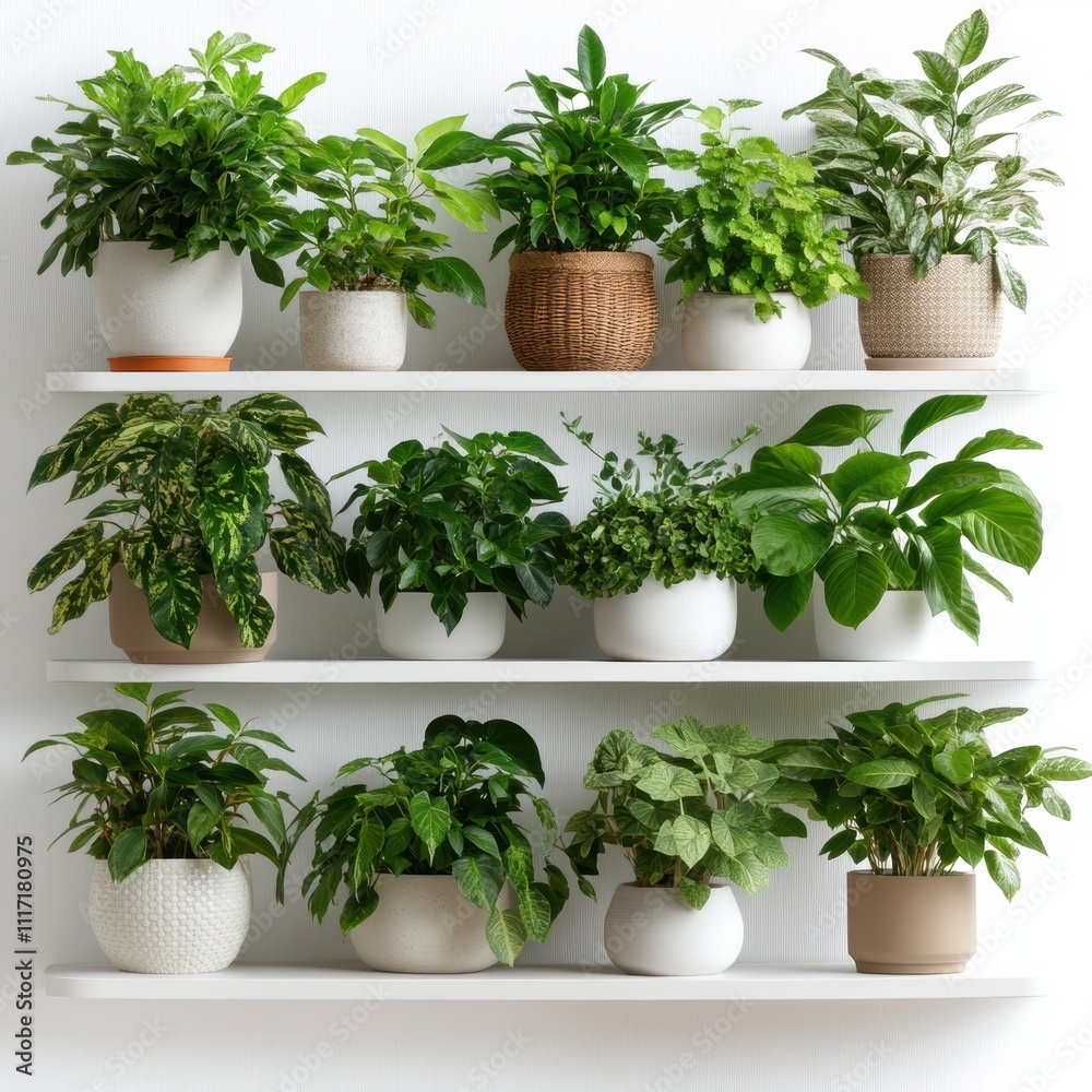 Fototapeta premium A vibrant display of various indoor plants arranged on white shelves, showcasing different pot styles and lush green foliage.